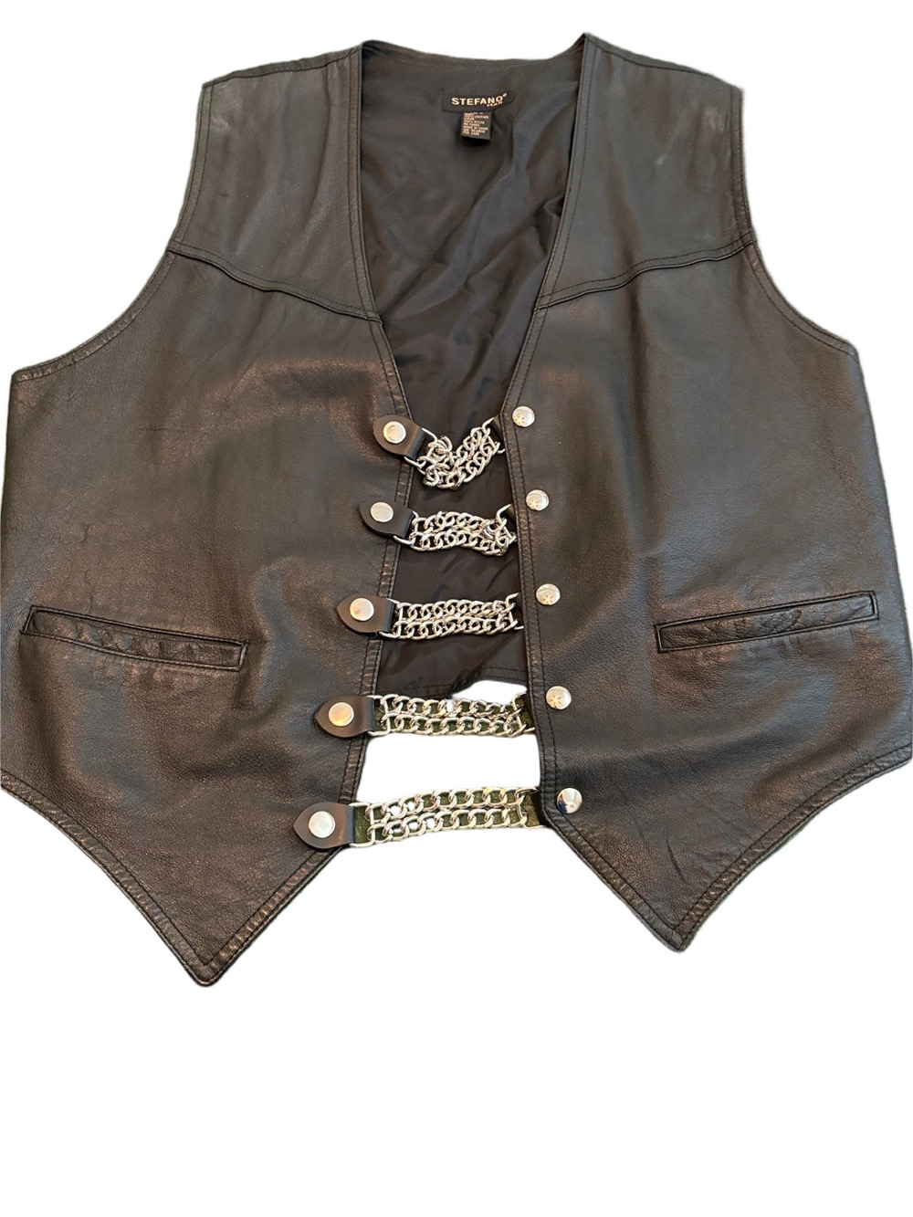 Vintage Black Real Leather Motorcycle Vest Chrome Extenders Pockets Biker L